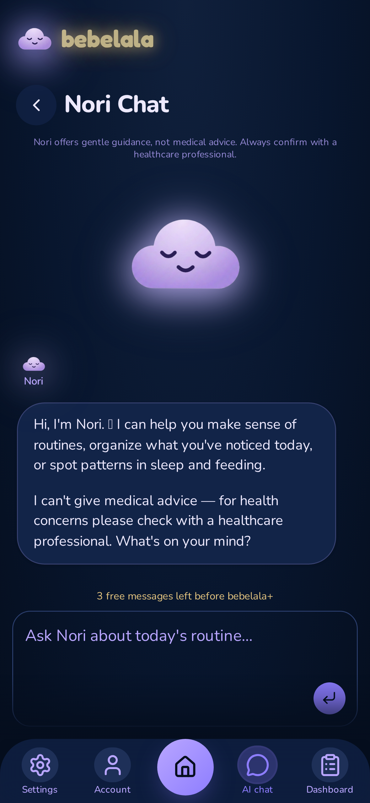 Nori AI chat giving a warm, plain-language answer to a late-night parenting question