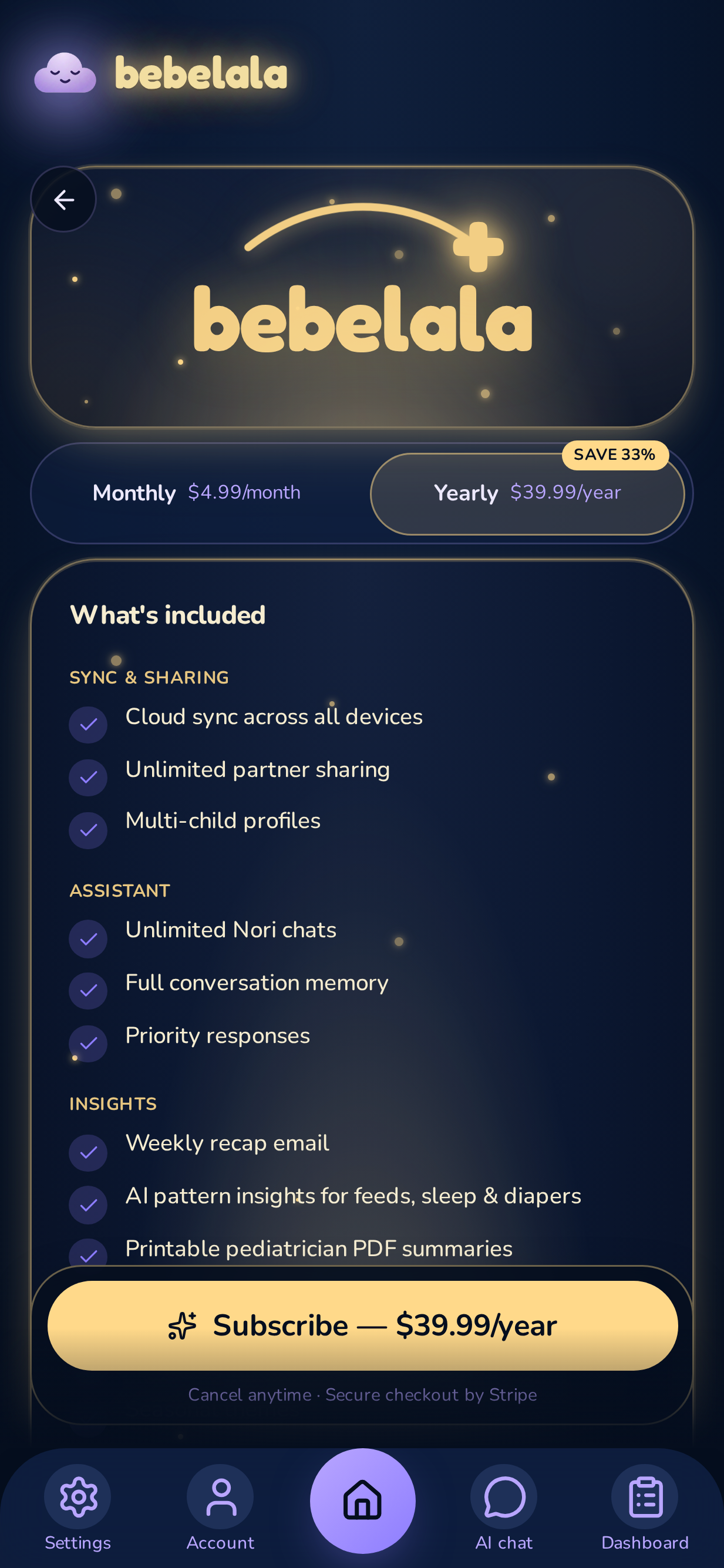 Bebelala+ premium screen highlighting cloud sync, partner sharing and unlimited AI chat