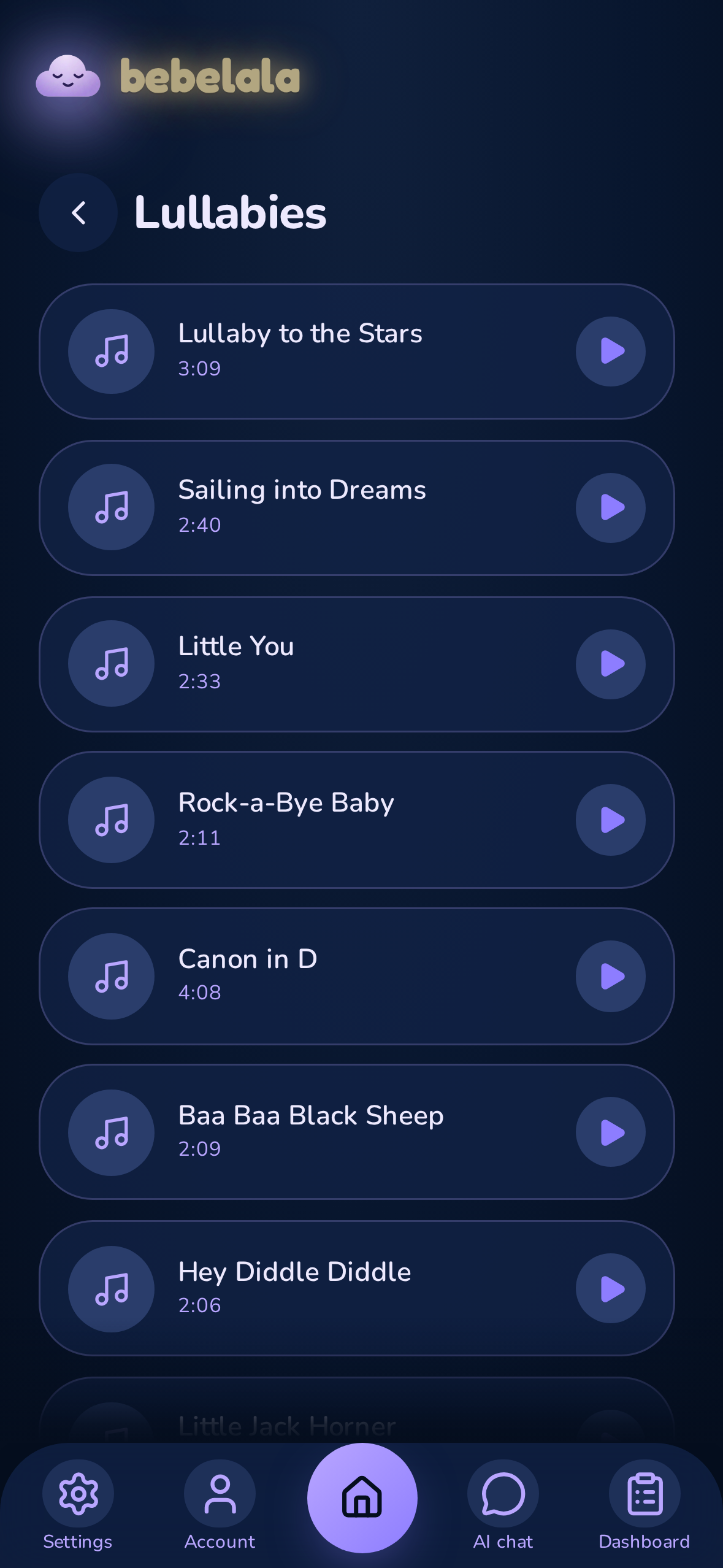 Lullaby library screen showing looping bedtime songs for babies