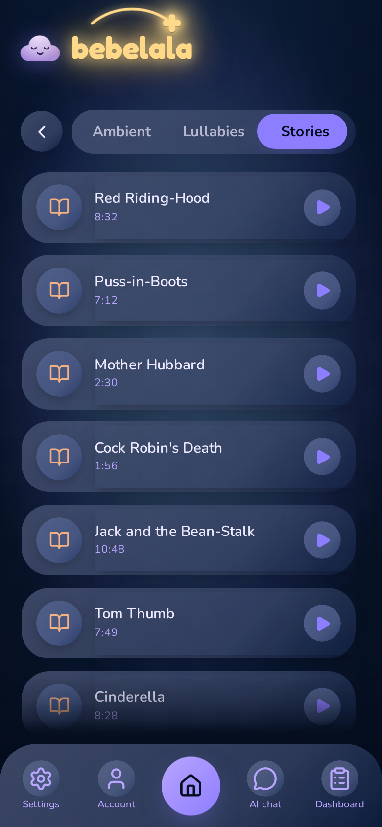 Bedtime stories screen with narrated tales in English and French