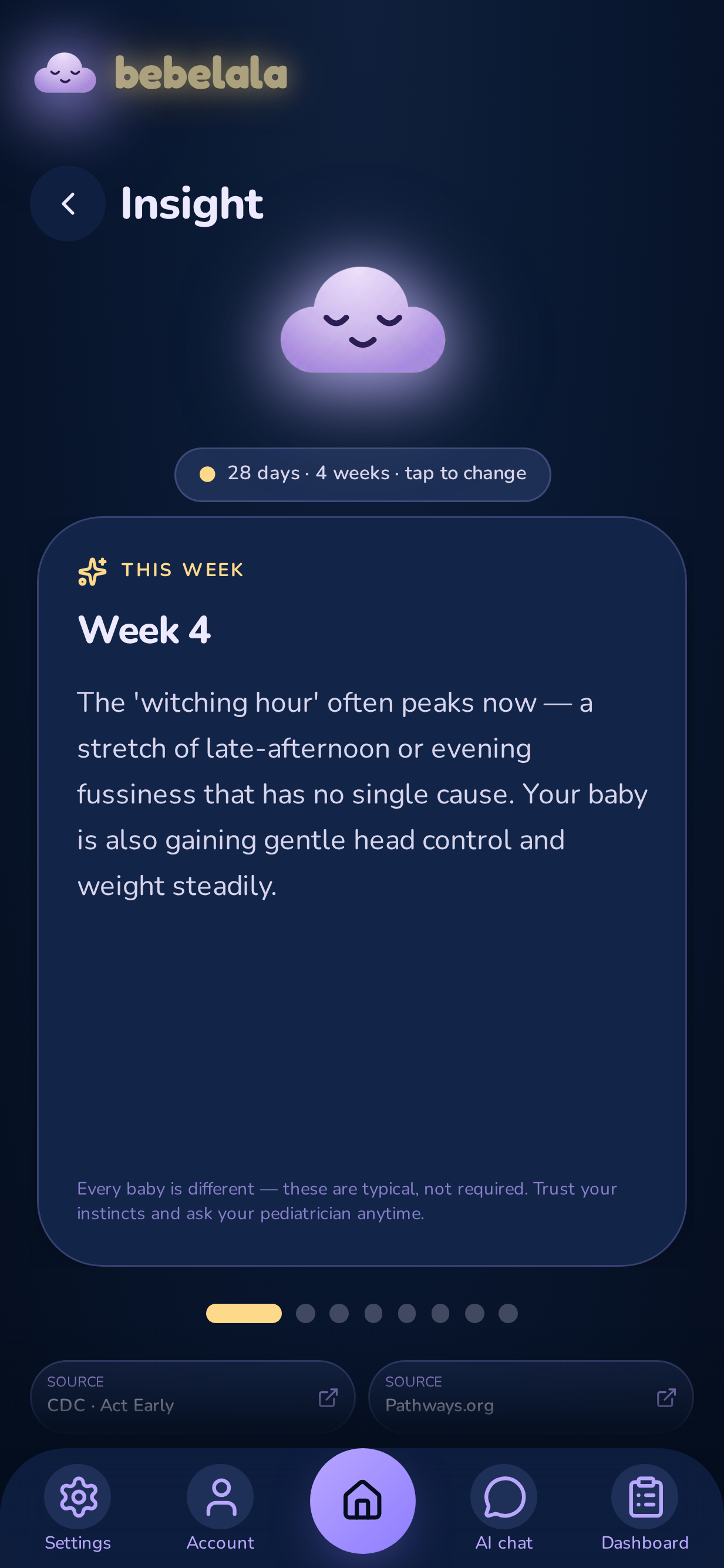 Weekly insight screen explaining baby's current developmental stage in plain language