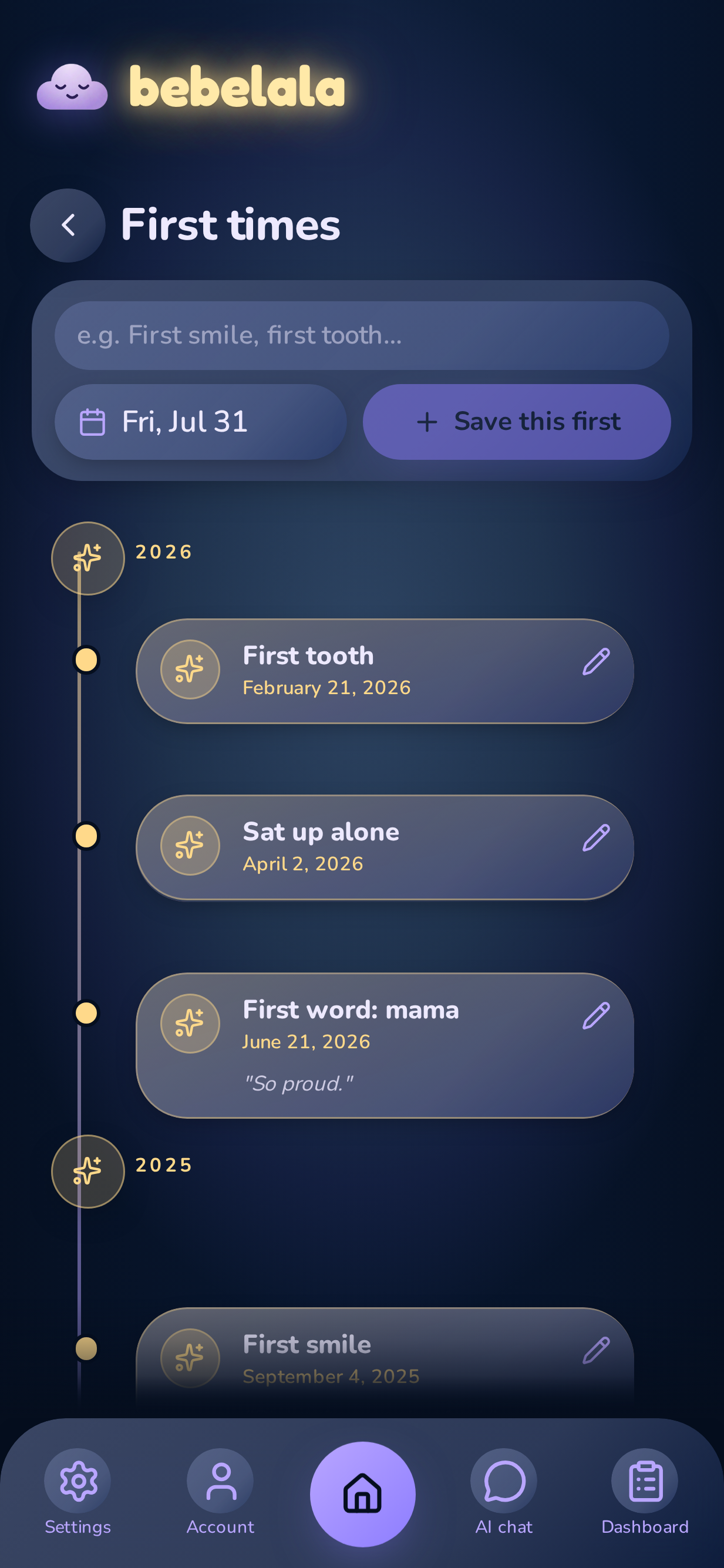First times timeline keeping memories of first smile, tooth, word and steps