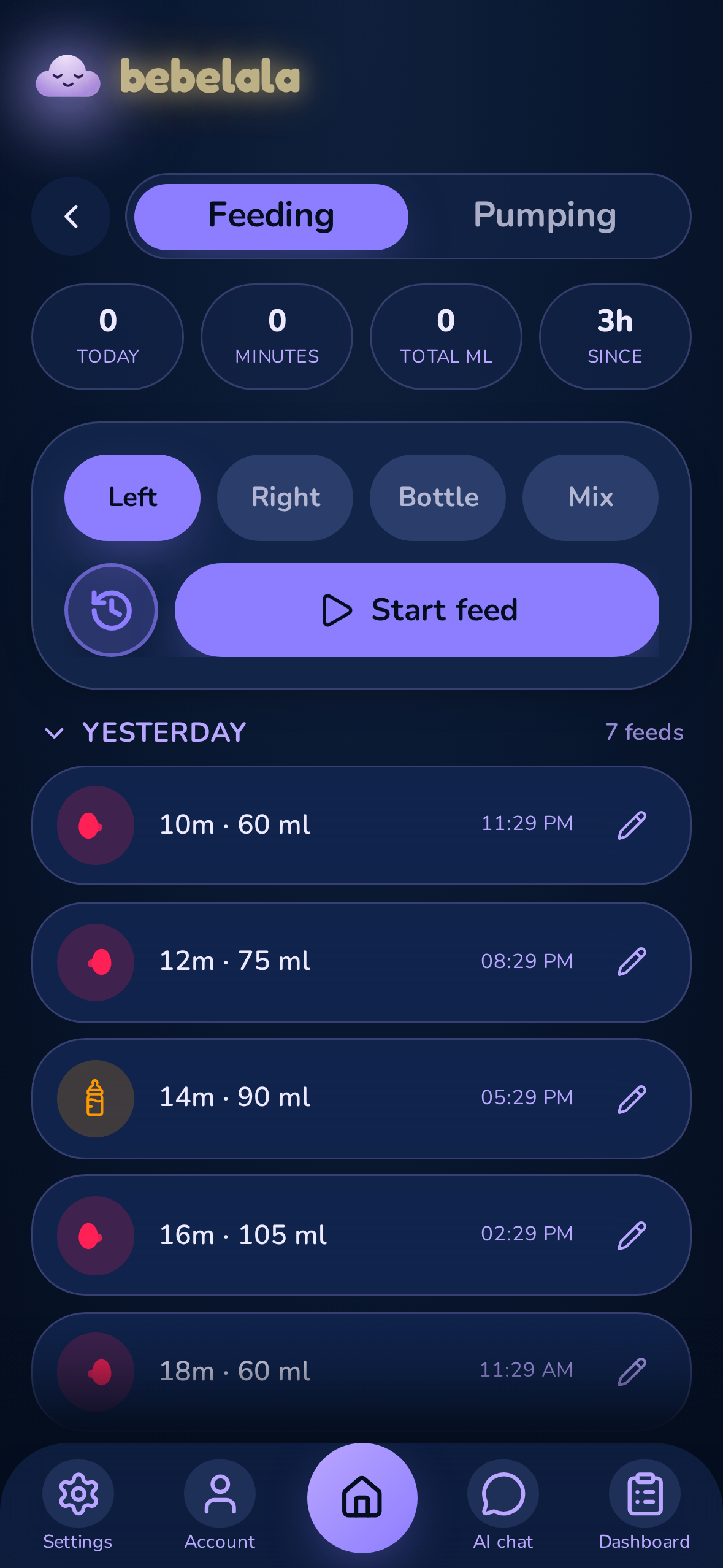 Feeding tracker with breast, bottle and pump timers plus a daily timeline