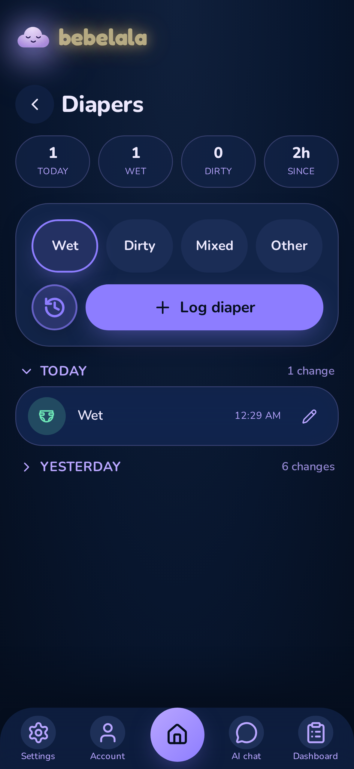 Diaper log showing wet, dirty and mixed entries in a daily timeline