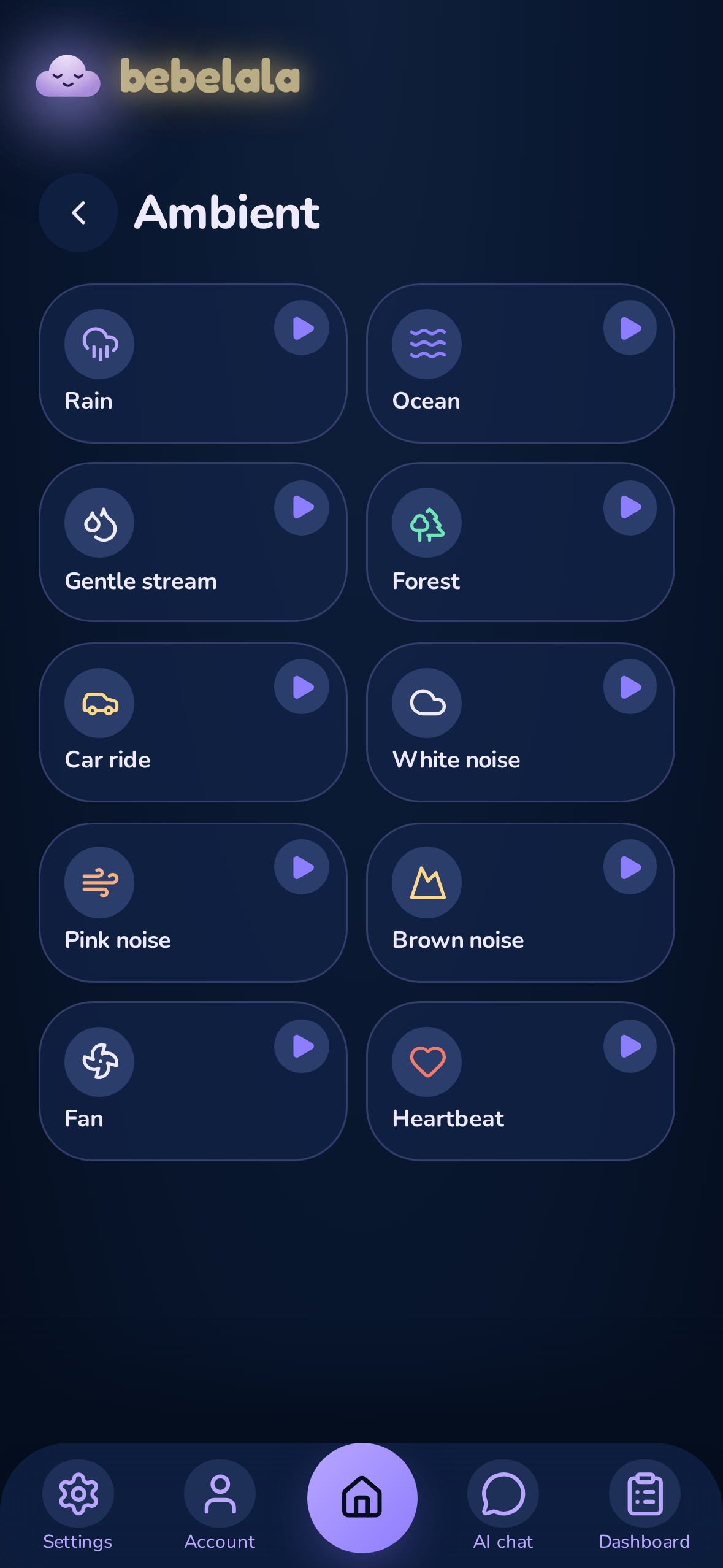 Ambient sounds player with white noise, rain, ocean and heartbeat loops